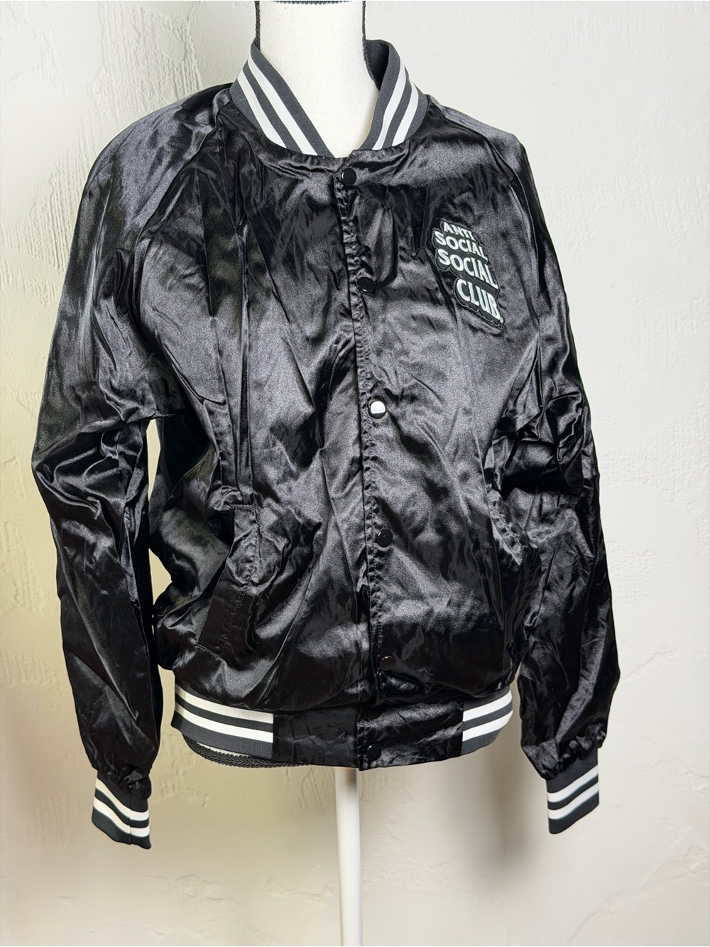Anti Social Social Club Black Satin Bomber with Striped Trim - Men’s Large